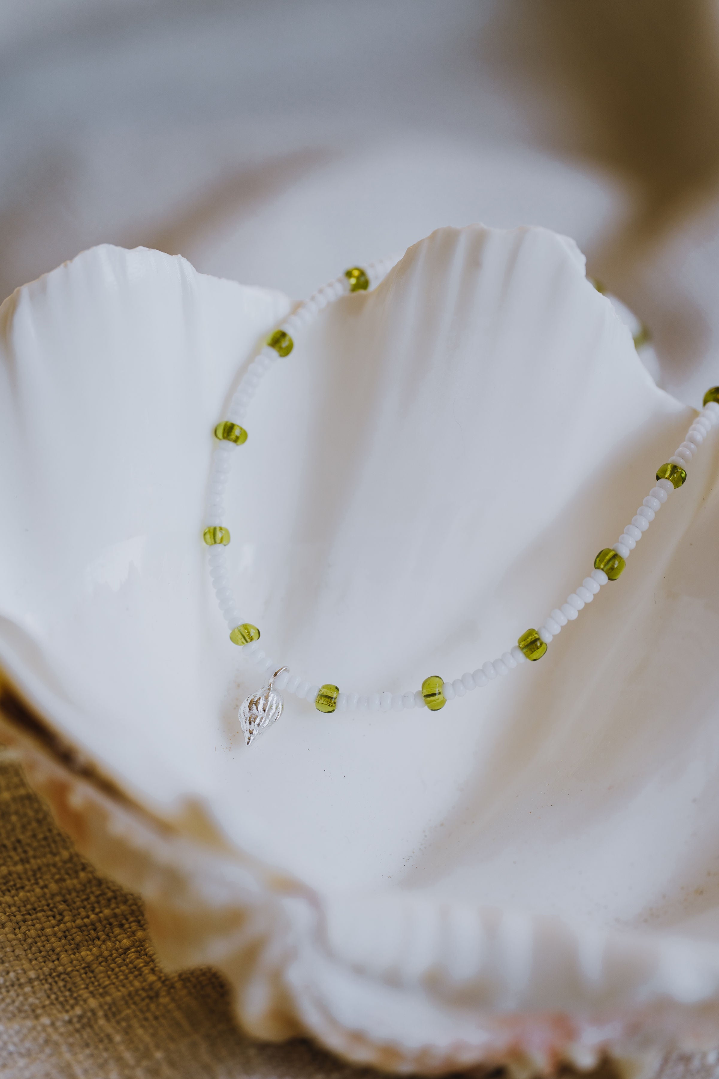 Tiny Shell Pendant - Green and White Beaded Necklet