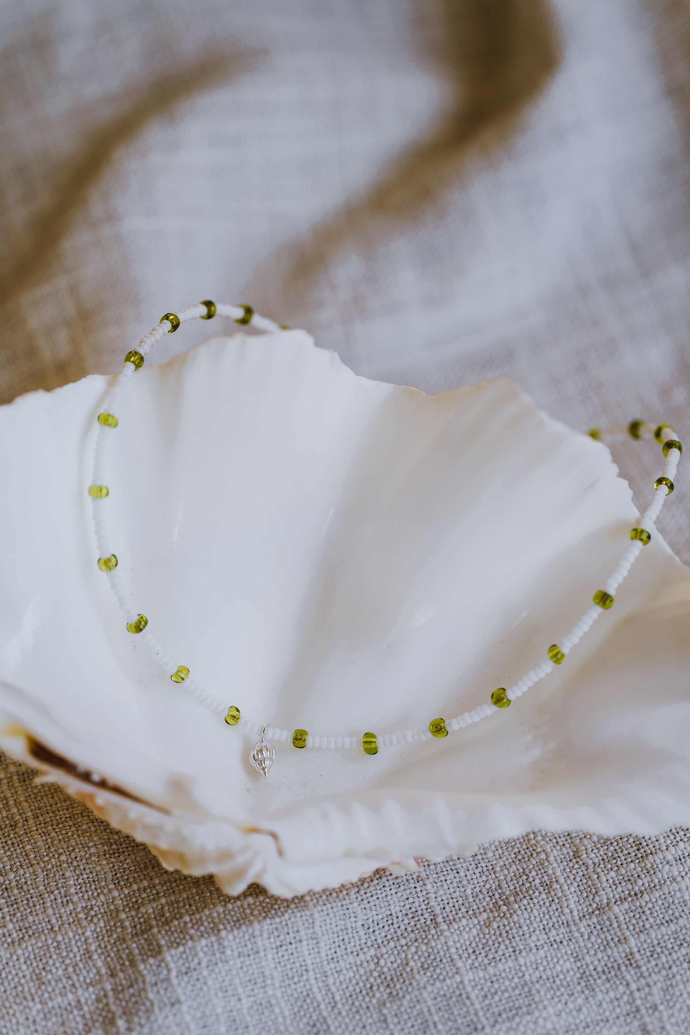 Tiny Shell Pendant - Green and White Beaded Necklet