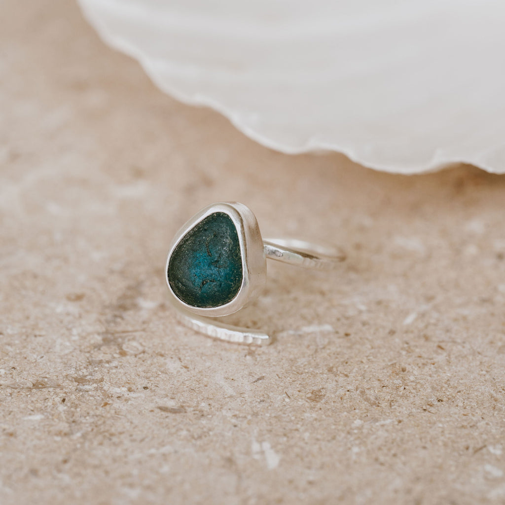 Deep Turquoise Adjustable Seaglass Ring