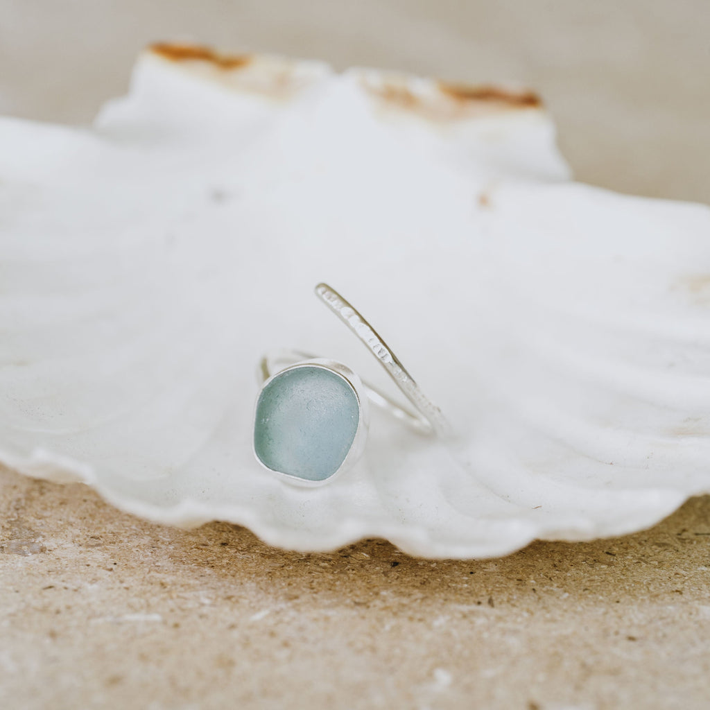 Large Baby Blue Adjustable Seaglass Ring
