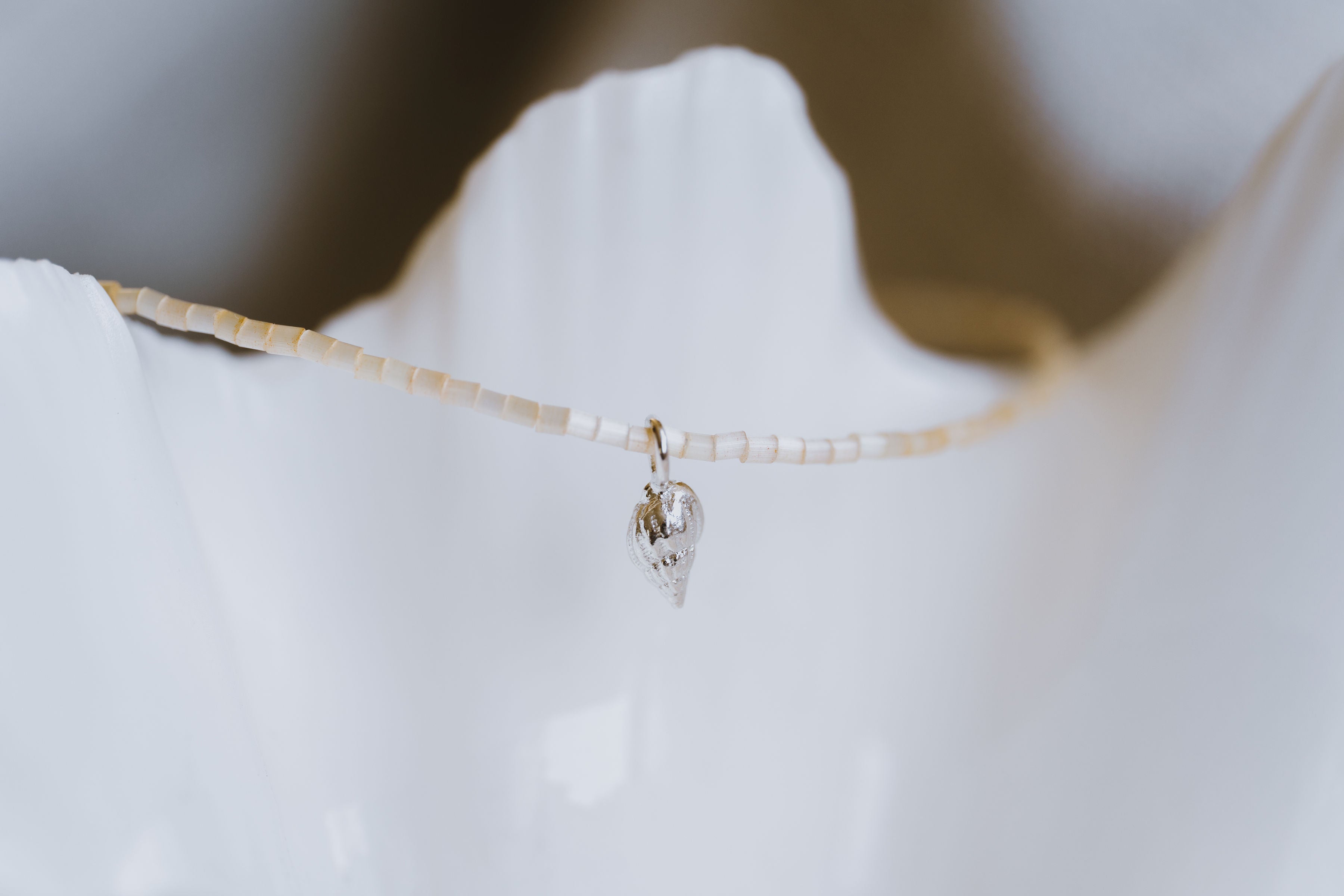 Tiny Shell Pendant - Neutral Beaded Necklet